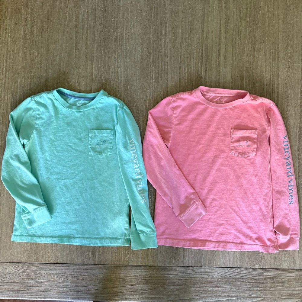Kids Vineyard Vines set of 2 Classic long sleeve logo tees coral mint unisex 7*